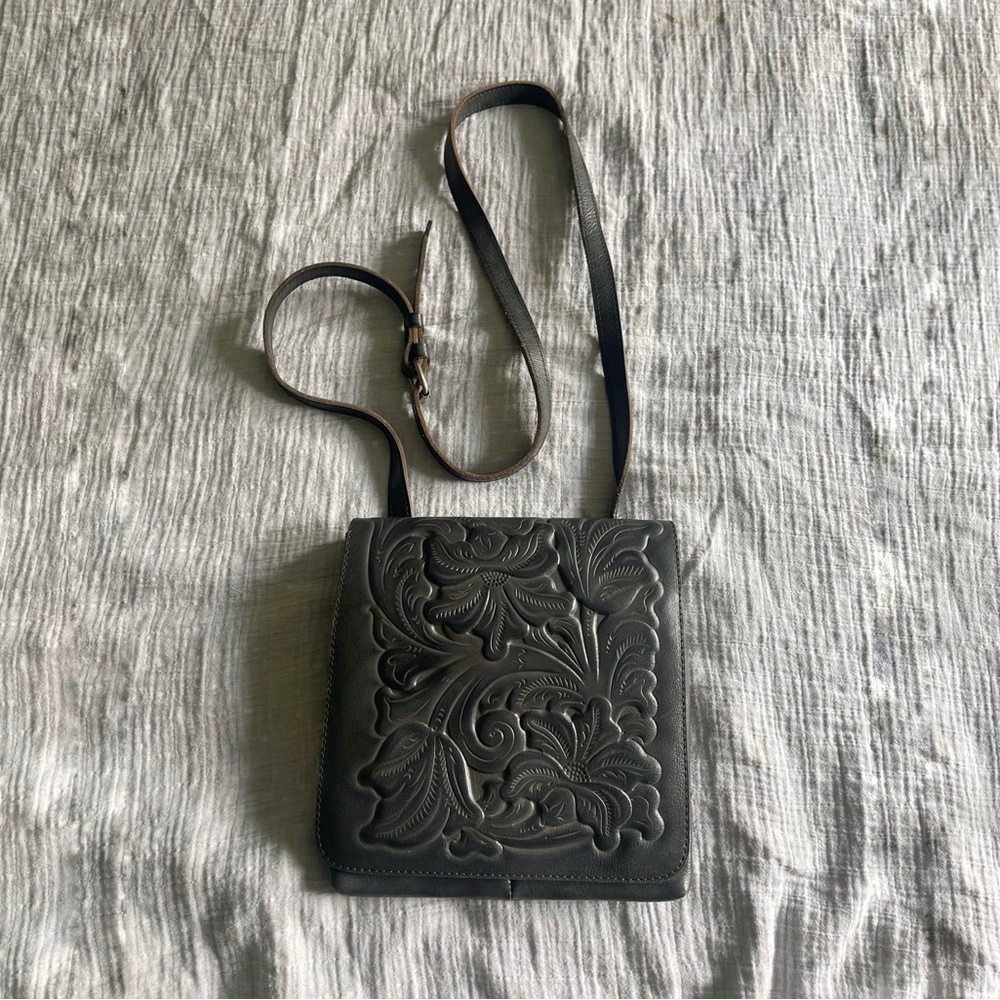 Gray Leather Patrica Nash Black Crossbody Bag with Floral Tooling